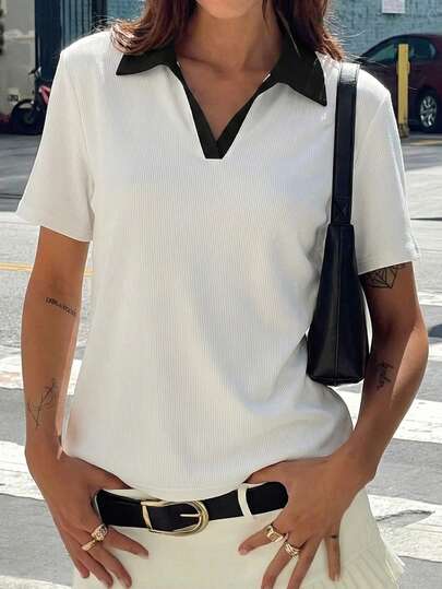 Women's V-Neck Color-Blocked White Summer Top, Made Of Soft, Machine Washable Fabric, Suitable For Beach Wear, Weddings And Events, Outdoor Wear, Summer Vacation Wear, And Women's Sportswear.