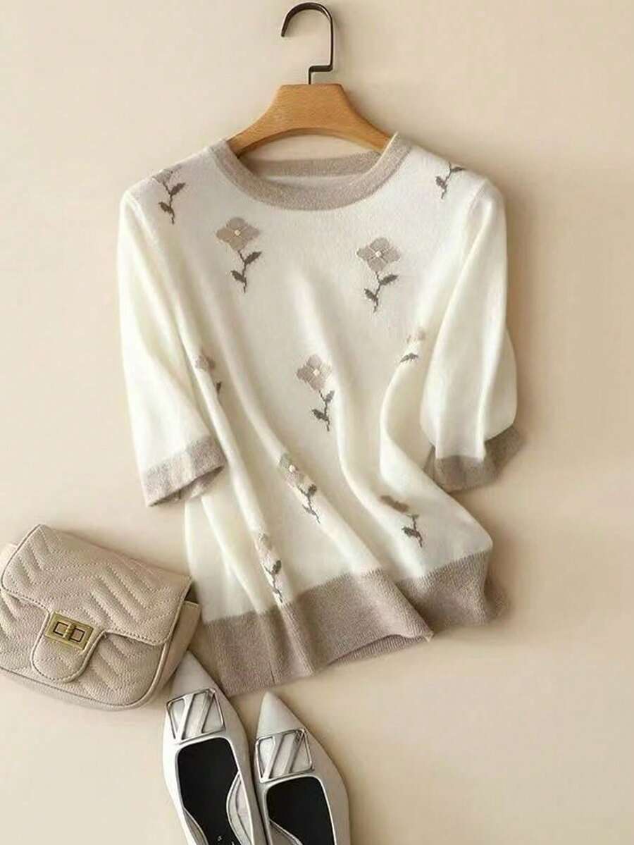 Áo chui đầu cổ tròn tay ngắn thêu jacquard mới cho mùa xuân/hè dành cho nữ - Màu be - Xem 1