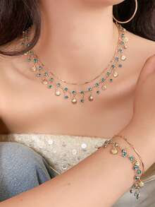 时尚浪漫蓝色水晶贝壳流苏手链，女士奢华Y2K闪亮手链，性感女孩精致珠宝礼物 - 淺藍色 - 查看 4