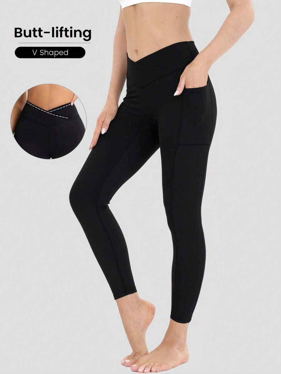 Women's V-Shaped Cross Waistband Design High Waisted Pocket Yoga Pants, Women's Sports Leggings, Soft And High Elasticity Pocket Leggings, Suitable For All Season Sports Outdoor Sports Leggings, Gym Work Pants, Hip Lifting Sports Running, Cycling, Yoga - 黑色 - 查看 1