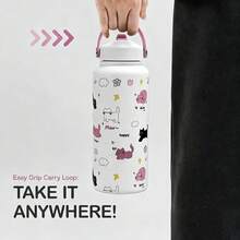 1个可爱猫咪图案保温水瓶，宽口便携带提手，印花户外运动水杯，带吸管，保冷6小时，防漏，适合运动、健身、旅行和上学使用。 - 彩色 - 查看 5