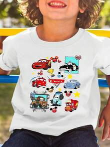 Disney Summer Tops, Cars Print Graphic Tee, Perfect For Cool Boys. Teen Boy Gift,Comfortable And Breathable Children's Short-Sleeved T-Shirt. 180g Pure Cotton Children's Clothes,Suitable For Both Boys And Girls.Suitable For Daily Wear, Vacations, Outdoor Activities, And As A Children's Gift. - 白色 - 查看 2