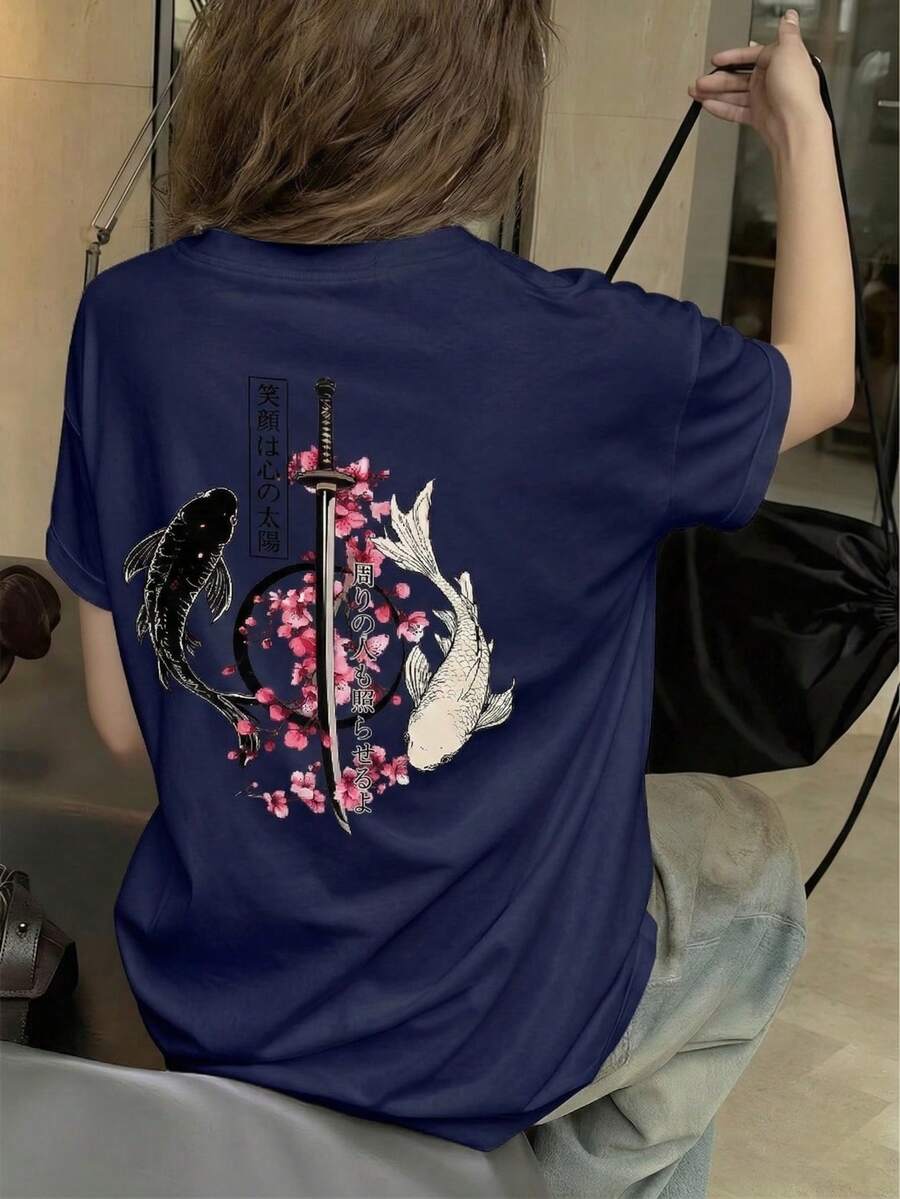女士白色圆领短袖T恤，日式锦鲤图案，休闲百搭，适合夏季日常穿着 - 藏青 - 查看 1