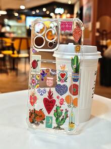 1PC Diseño de inspiración mexicana con fondo transparente y collage vibrante de cactus, corazones sagrados, sol y flores en estampado artístico colorido, funda para móvil transparente con ranura para tarjetas, protección completa de cámara, compatible con iPhone 17/16/15/14/13/12/11/Pro/ProMax, compatible con Galaxy A54/S24 Ultra/Plus, compatible con Moto/Galaxy/Redmi/Honor/OPPO, anti-caídas y almacenamiento, diseño minimalista - transparente - Ver 5