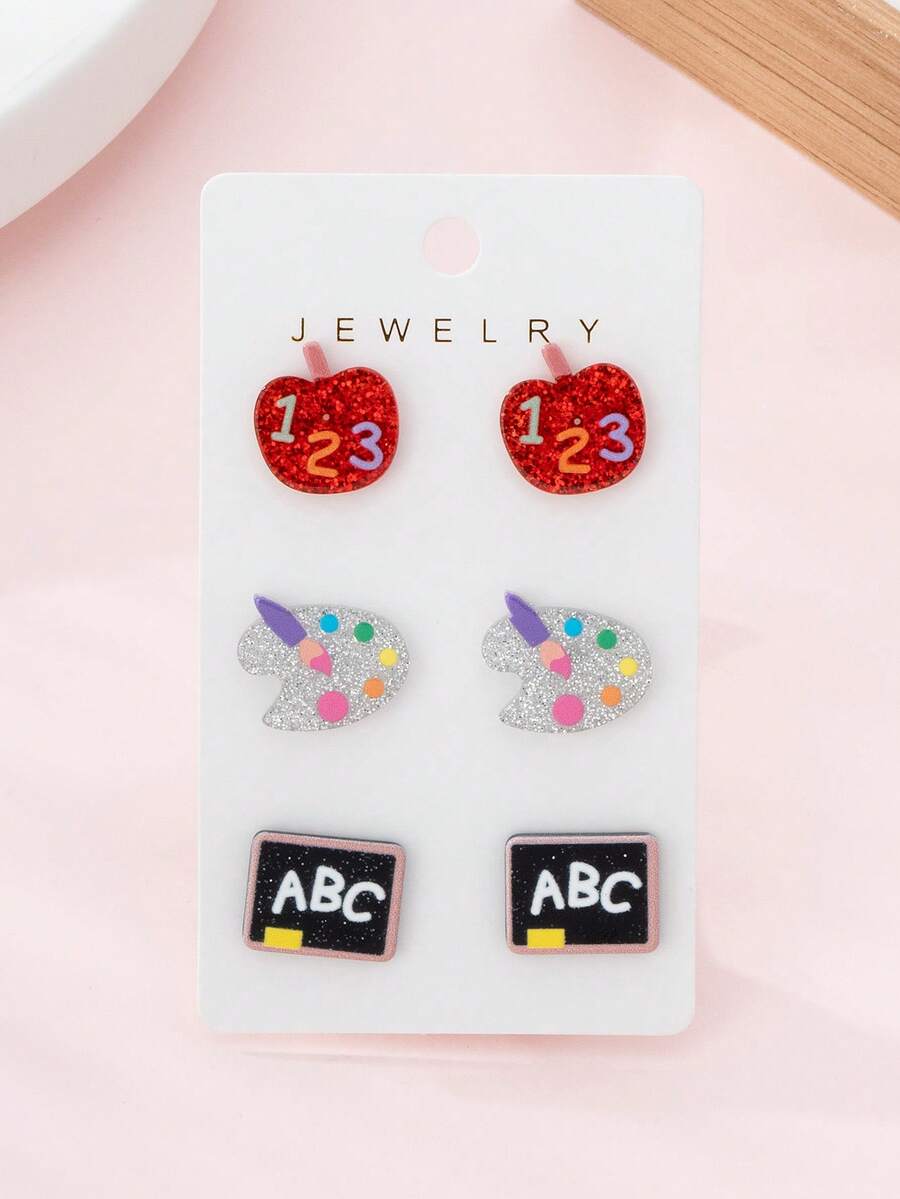 3 Pairs/Set Colorful Apple Chalkboard Design Earrings, Jewelry Gift Set For Teachers And Students - Multicolor - View 1