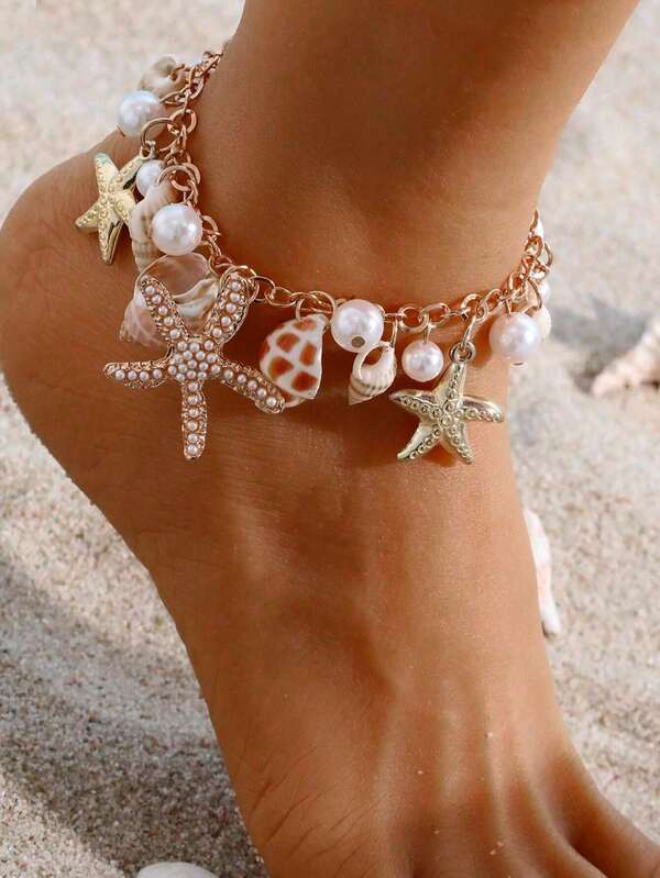 1pc Fashionable Niche Ocean Style Faux Pearl Starfish Pendant Anklet, Suitable For Summer Beach, Party, Date, Daily Wear Jewelry Gift