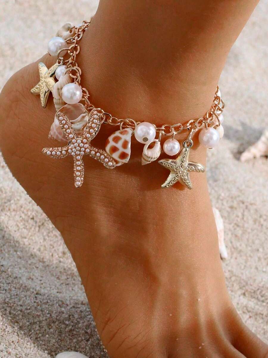 1pc Fashionable Niche Ocean Style Faux Pearl Starfish Pendant Anklet, Suitable For Summer Beach, Party, Date, Daily Wear Jewelry Gift - Multicolor - View 1