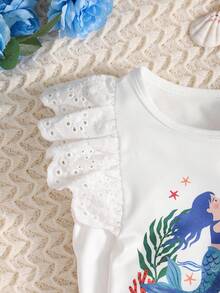 Conjunto de camiseta con estampado de sirena con volantes y parches y falda corta con estampado de océano, estilo casual de vacaciones para niñas pequeñas - Blanco - Ver 4