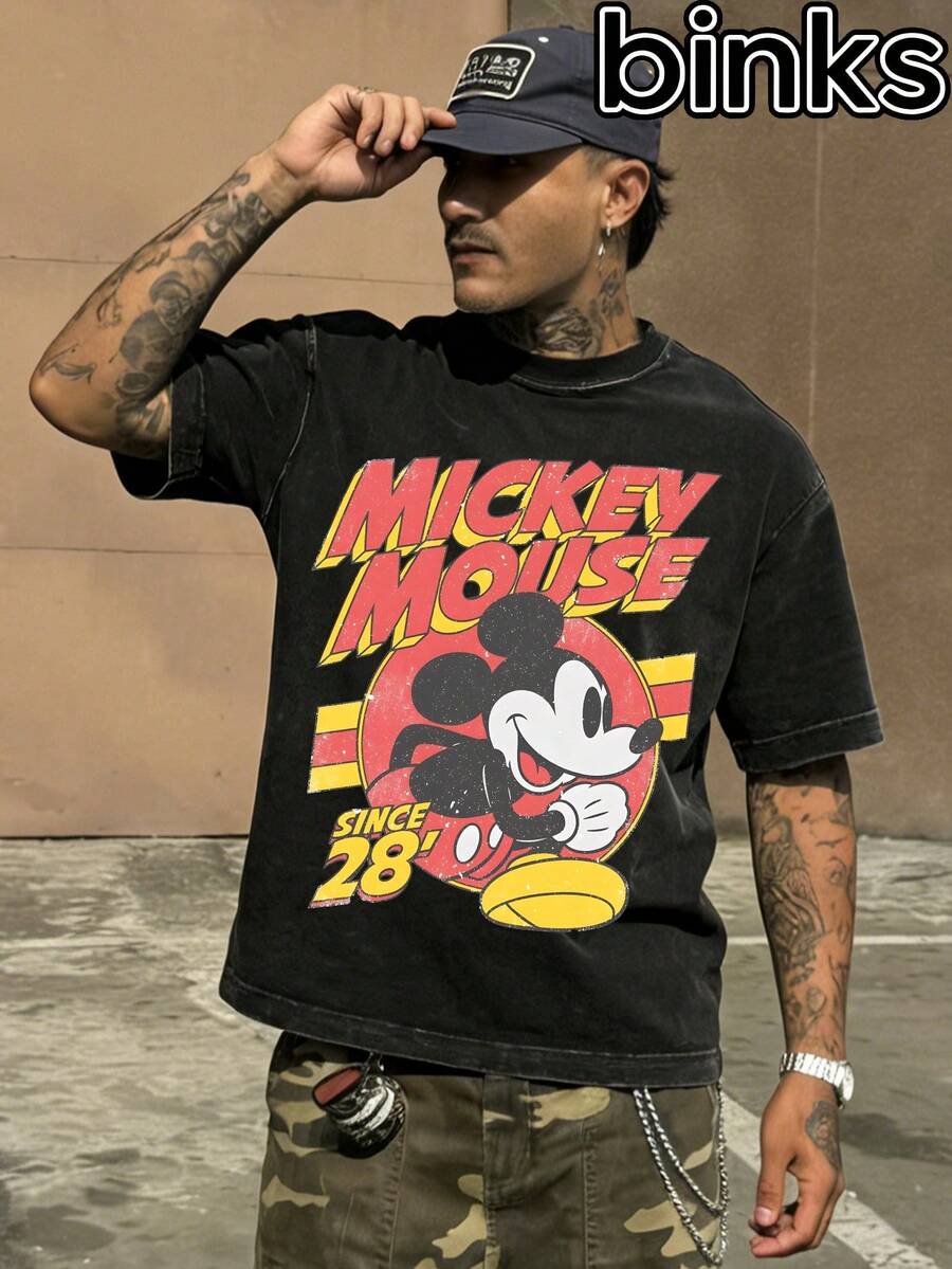 Disney Camiseta de manga corta con estampado de Mickey Mouse corriendo, con estilo lavado retro, transpirable, holgada, casual, adecuada para uso diario en el hogar, top de manga corta para hombres en primavera y verano. - Negro - Ver 1