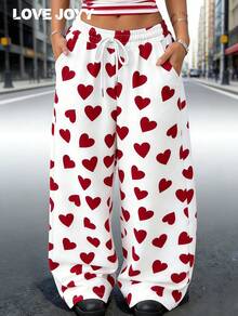 LOVE JOYY Women's Casual Red Heart Print Drawstring Pocket Wide Leg Pants, Perfect For Holidays, Street Style And Everyday Wear - Multicolor - View 11