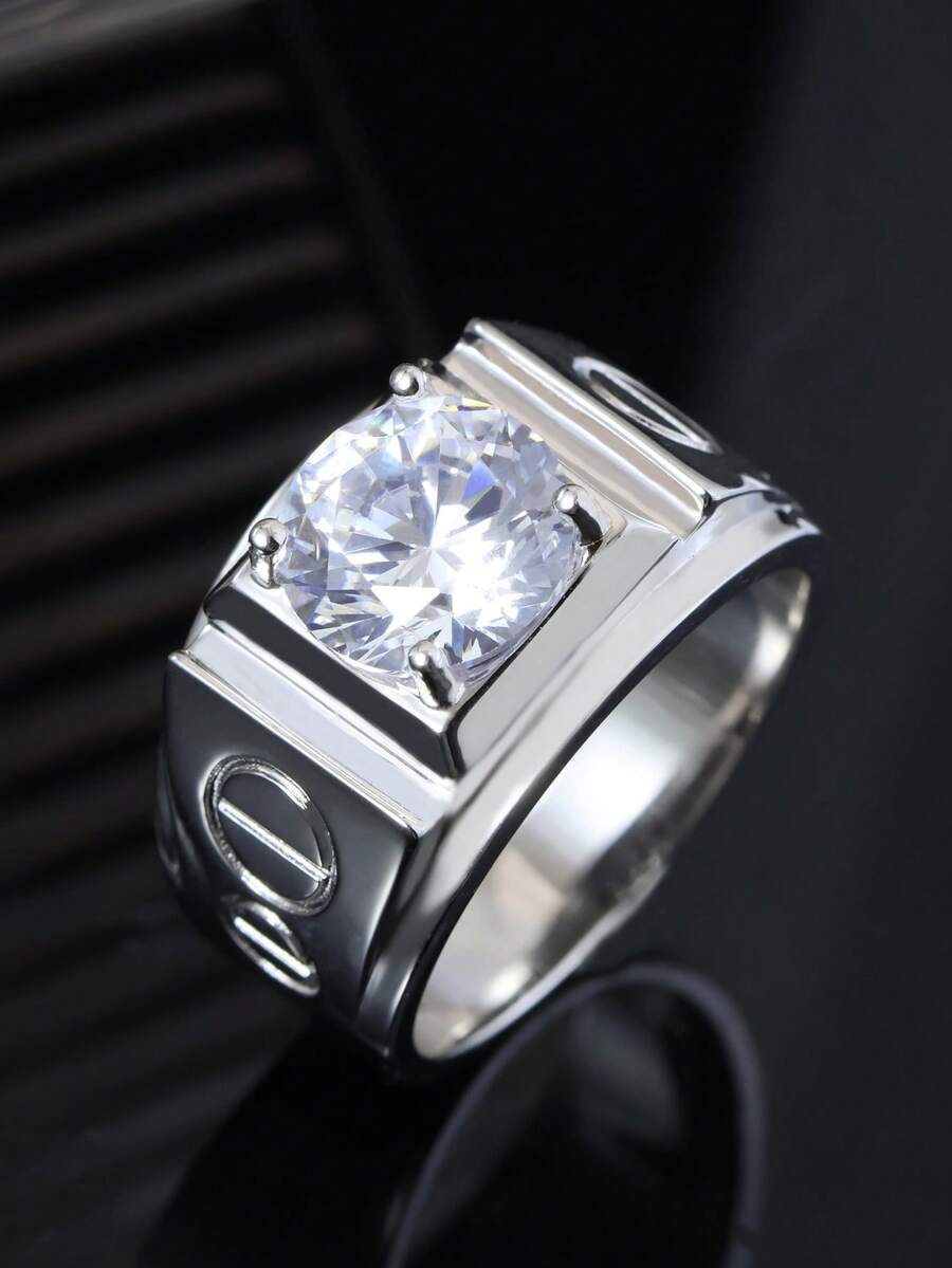 1 pieza Anillo de hombre, diseño geométrico, incrustado con moissanita, joyería de compromiso, adecuado para uso diario, anillo de boda de pareja, anillo de hombre de moda - Plateado - Ver 1