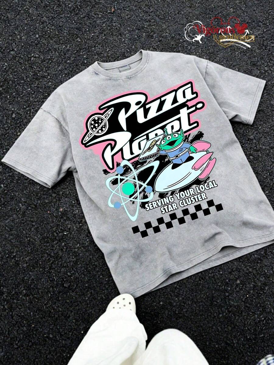 Isney Cars Lightning McQueen #95 Racing Graphic T-Shirt, Summer Vintage Washed 230g Heavyweight Short Sleeve - Xám - Xem 1