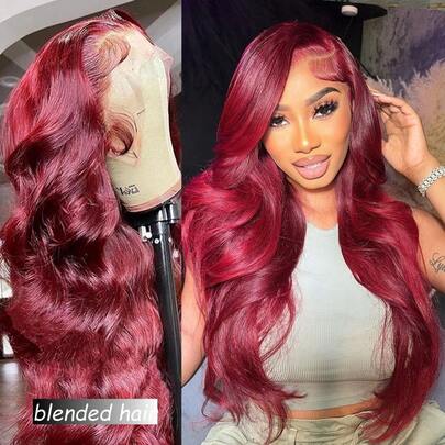 26 Inches 180% Density 13x4 Body Wave Lace Front Wigs Human Blended Hair Pre Plucked 13x4 HD Transparent Lace Frontal Wigs Human Blended Hair 180% Density Glueless Wigs Human Blended Hair Wig For Natural Hairline With Baby Hair 99J Burgundy