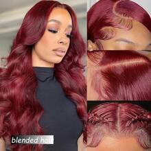 26 Inches 180% Density 13x4 Body Wave Lace Front Wigs Human Blended Hair Pre Plucked 13x4 HD Transparent Lace Frontal Wigs Human Blended Hair 180% Density Glueless Wigs Human Blended Hair Wig For Natural Hairline With Baby Hair 99J Burgundy - S99J/BUG - View 5