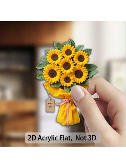 1 قطعة مغناطيس عباد الشمس مع ظهر - باقة زهور ملونة بالأصفر الزاهي، أزهار واقعية وشريط رقيق للديكور - مغناطيس ثلاجة أكريليك، هدية لعشاق الزهور، عيد الأم، عيد الأب - مناسب للمكتب، مسطح 2D