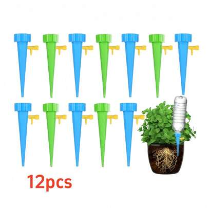 12件装自动植物浇水系统 - 户外自浇水装置，带可调节阀门，适用于1.1英寸/28毫米瓶颈。通用瓶口适配器滴灌系统，适用于室内园艺、户外及度假使用。耐用塑料材质，适合节日浇水，颜色随机。