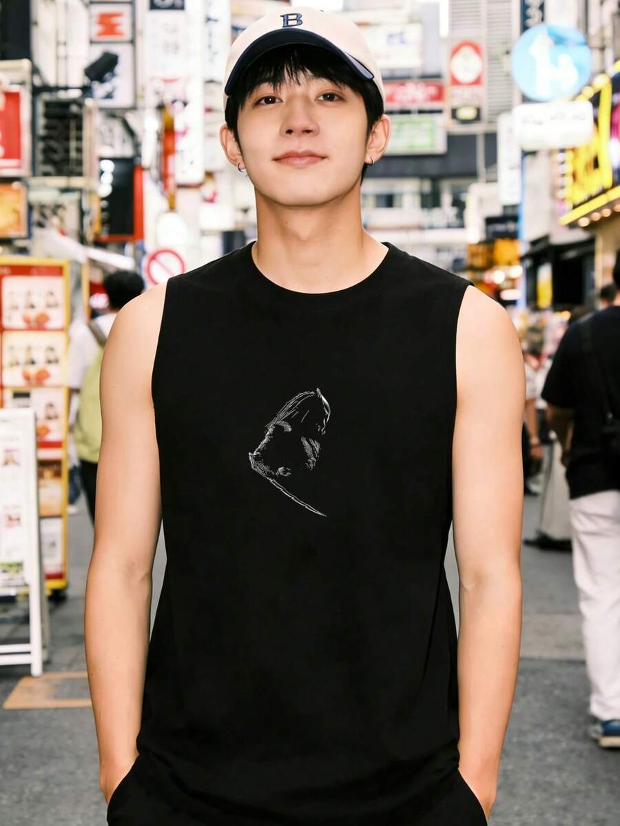 ブラックのシルエットデザインのモダンなメンズ 無袖Tシャツ（シャークヘッドデザイン） - ブラック - チェックする 1