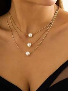 2pcs Fashionable Versatile Elegant 3-Layer Faux Pearl Pendant Necklace, Geometric Thin Chain Necklace Suitable For Women's Daily Wear, Gift - Yellow Gold - View 2