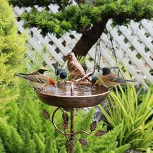 Bañera de pájaros de pedestal de cobre antiguo con figura de pájaro y acentos de hojas. Tazón de bañera de pájaros de metal vintage para decoración de jardín, patio, césped y patio trasero. Comedero de pájaros rústico resistente a la intemperie para observación de aves y atracción de vida silvestre - TY-TK-92 - Ver 9