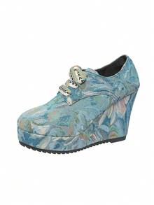Fashion Platform Lace-Up New Minimalist Spring/Autumn Outdoor Plus Size Women's Wedge Heel Thick Bottom Pumps (Shoes Run Small By 1 Size) - Màu xanh lam - Xem 8