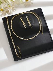 1 Set Fashion Jewelry (Necklace + Earrings + Bracelet) Sparkling Wave-Shaped Full Crystal Copper Material, Evening Party Outfit, Valentine's Day Gift - Gold - View 2