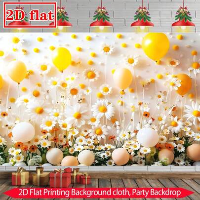 Phông nền tiệc phẳng 2D, 1 cái, thiết kế hoa rực rỡ với hoa cúc trắng và hoa cam, điểm nhấn bóng bay vui tươi, phông nền tường có họa tiết, lý tưởng cho các buổi lễ kỷ niệm, trang trí chụp ảnh, trang trí tiệc sang trọng, sử dụng trong nhà/ngoài trời.