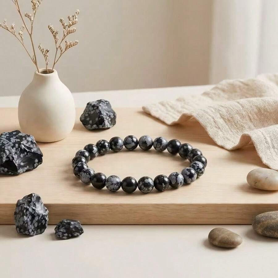 1pc 8mm Snowflake Stone Natural Beaded Elastic Bracelet, Suitable For Daily Wear And Parties, Best Gift For Family And Friends - Multicolor - View 1