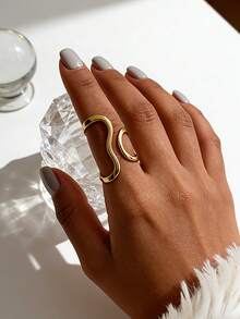 1pc Fashionable Asymmetrical Wavy Curve Adjustable Open Ring For Women Jewelry, Daily/Party Wear - Yellow Gold - View 1