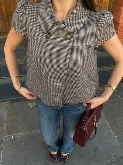 Buzzelle Women's Plaid Short Sleeve Shirt, Suitable For Autumn And Winter Outfits