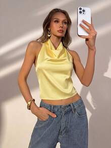 Solid Satin Halter Neck Top With Draped Back Design, Suitable For Spring/Summer Dates, Beach Vacations, Romantic Dinners, Summer Outings And Casual Daily Wear - Light Yellow - View 1