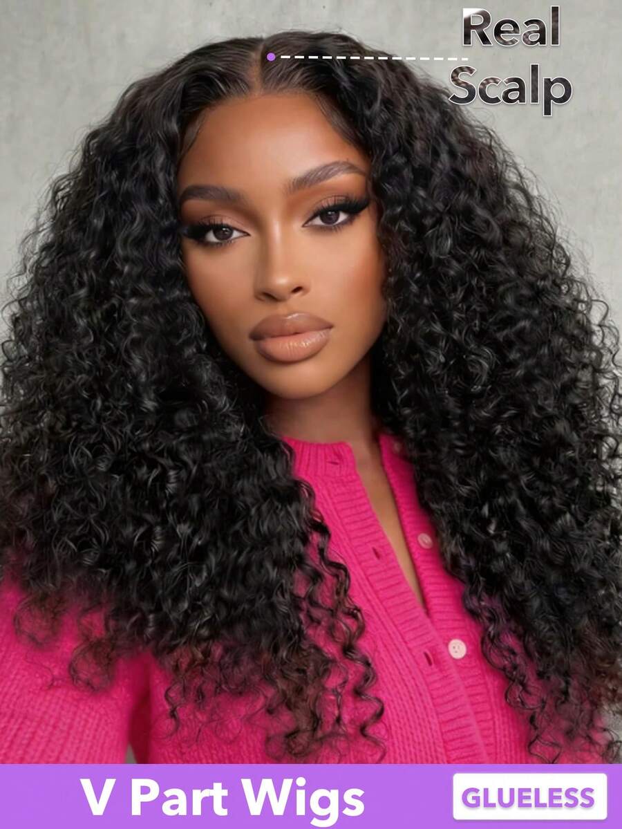 Women's V Part Water Wave Human Hair Wig Brazilian Virgin Hair Wigs No Glue & Gel Needed, Rose Net Cap For All Ethnicities, Stylish Hairpiece, Natural Look Hairpiece 180% Density 8-20 22 24 26 28 30 Inch Natural Black - Natural Black - View 1