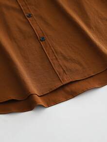 Women's Casual Solid Color Hooded Drawstring Pocket Front Button Shirt, Daily Wear - Brown - View 7