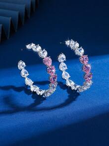 一对优雅奢华的心形闪亮立方氧化锆C形耳环，适合日常佩戴、婚礼、毕业典礼、生日、派对等场合。 - 彩色 - 查看 3
