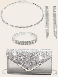 LETODE Women's Evening Clutch Bag With Rhinestone Ear Clips, Bridal Wedding Necklace, Bracelet, Dangle Shiny Sequin Handbag - Silver - View 12