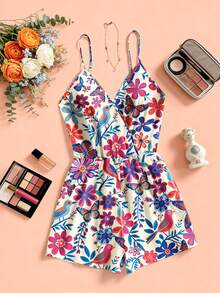 Mono de mujer con estampado floral, de plantas y animales, diseño cruzado, conjunto de vacaciones de verano apasionado - Multicolor - Ver 2