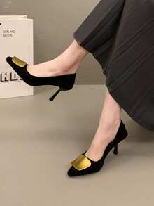 法国麂皮金属方扣尖头细高跟鞋，拉长显瘦，适合通勤 - 黑色 - 查看 4