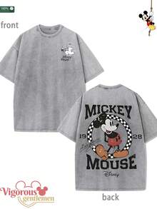 Disney Racing Number Pattern Gray T-Shirt Summer Clothing  Vintage Washed 230g Pattern T-Shirt - Grey - View 1