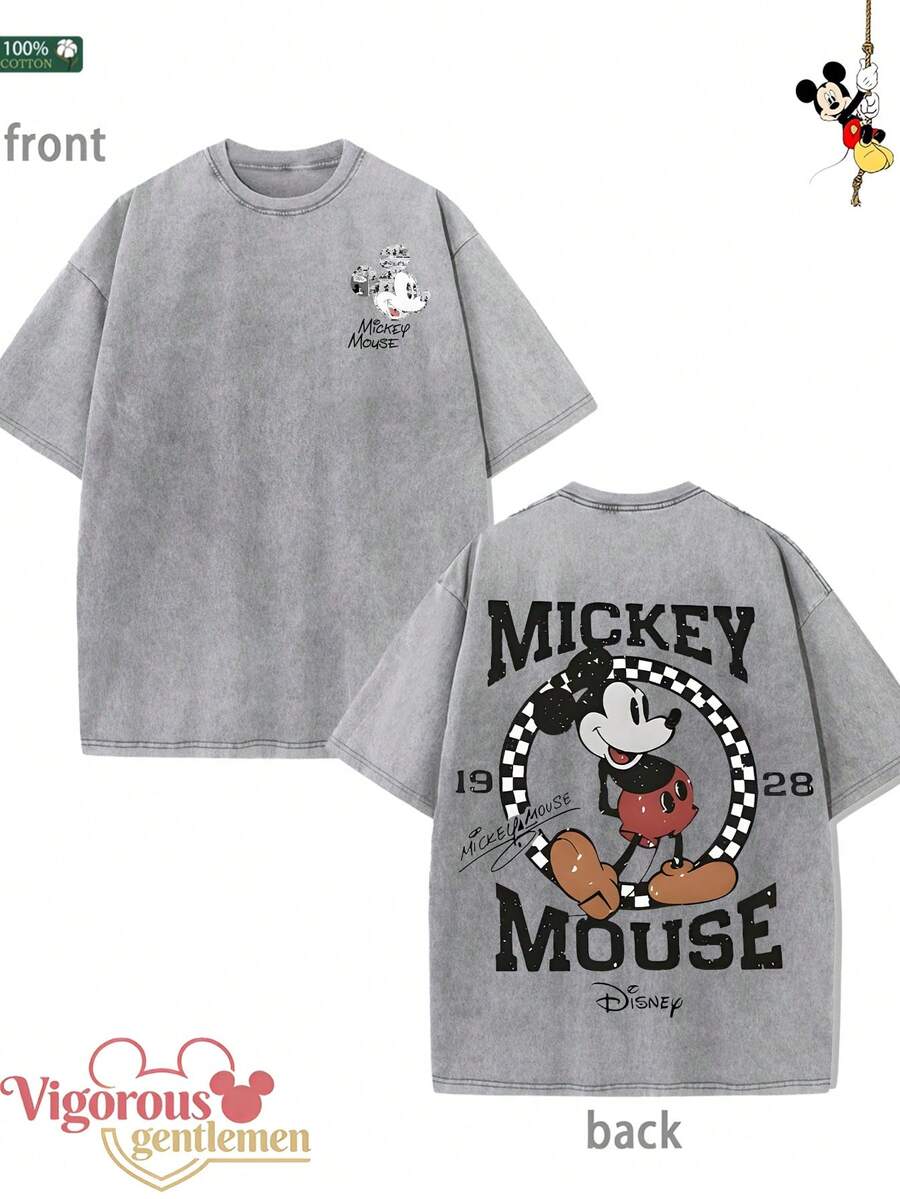 Disney Racing Number Pattern Gray T-Shirt Summer Clothing Vintage Washed 230g Pattern T-Shirt - Grey - View 1