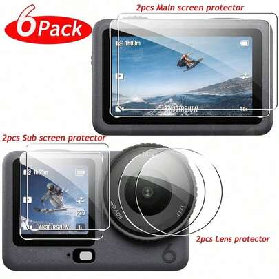 6pcs Tempered Glass Screen Protector, Compatible With Osmo Action 3 4 5 Pro 6 LCD Display, Screen Glass Film, Protector, Suitable For Action3, Action4, Action5 Pro, Action6, Lens Glass Film, Secondary Screen Protector, Anti-Scratch Protective Film Accessories [2+2+2pcs]