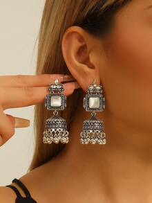 一对休闲吉姆卡耳环，优雅波西米亚风格，镶嵌水钻铃铛和仿珍珠流苏耳环，适合女性和女孩日常佩戴，也适合节日、婚礼和派对/珠宝礼品 - 經典的 - 查看 1