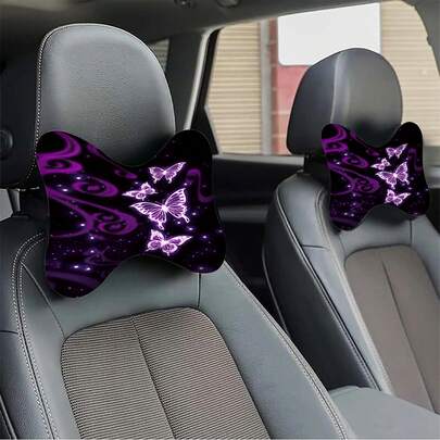 1pc Blue Butterfly Print Car Headrest Cover, Vehicle Neck Pillow, Car Interior Accessories, Suitable For All Seasons