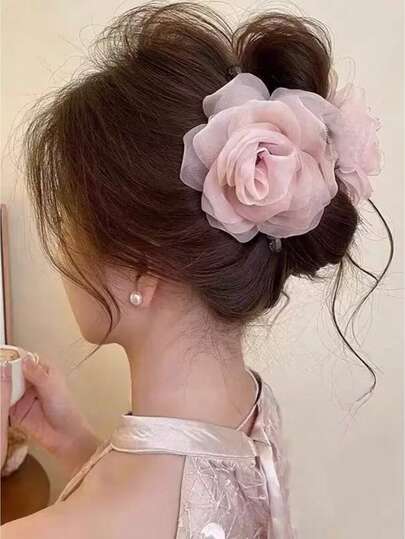 1个女士甜美优雅网纱花朵发爪夹，适合日常佩戴和度假