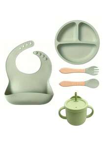 Customized Children's Tableware, Infant Complementary Food Weaning Tools, Silicone Bibs, Plates, Bowls, Straw Cups, Forks And Spoons - Multicolor - View 9