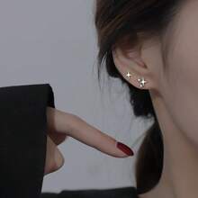 Asymmetric Star Stud Earrings For Women, Minimalist Four-Pointed Star & Double Star Design, Hypoallergenic Daily Wear Jewelry - Gold - View 5