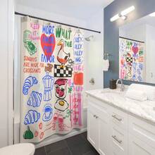 60x72in Hand Drawn Doodle Shower Curtain Brunch Shower Curtain Unique Bathroom Decor Housewarming Coffee Pastry Breakfast Goose Egg Strawberry Peach - 1 - 查看 3