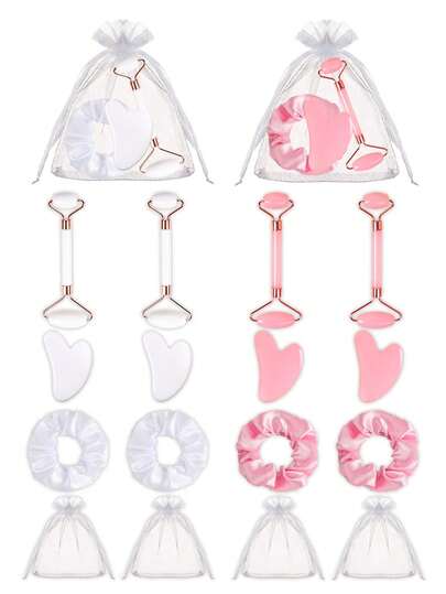 12/4pcs Spa Party Gift Set, Wedding Favors, Facial Massage Gua Sha Tools, Includes Double-Head Roller Massager, Heart-Shaped Gua Sha Board, Hair Clips, Organza Bags, Favors Set, Great For Ladies Night, Pajama Party, Spa Theme Party, Birthday Party