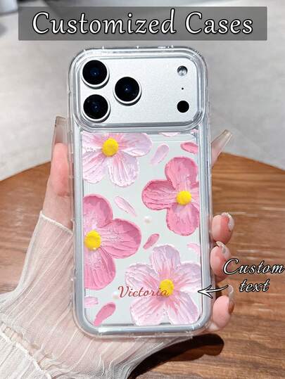 1pc Customized Text Name, Pink Floral Painting Soft Protective Phone Case, Suitable Compatible With Apple 17 Pro Max/16 Pro Max/15 Pro/14 Plus/13 Pro/12 Pro Max/11 Pro Max/XR Max, Gift For Family And Friends