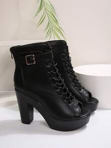 FVPFVP 欧美系带露趾粗跟镂空踝靴、爵士舞鞋、夏季高跟鞋 - 黑色 - 查看 6