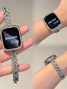 Luxury Diamond Shaped & Wheat Ear Design Stainless Steel Watch Band Strap Compatible With Apple Watch Series 6/SE/2/7/8/9/10 - Silver - View 5