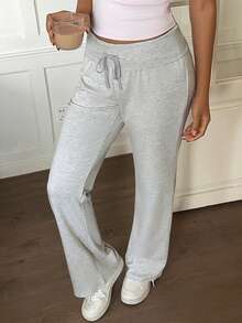 Women's Y2K Style Solid Color Straight Leg Pants, Drawstring Waist, Flap Pockets, Comfortable Casual, Suitable For Work And Daily Commute - Light Grey - View 1